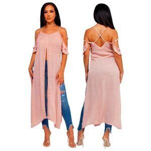 NWT Sheer Pink Spaghetti Ruffled Sleeve Tunic Shirt Top-Boho Chic Split Sides